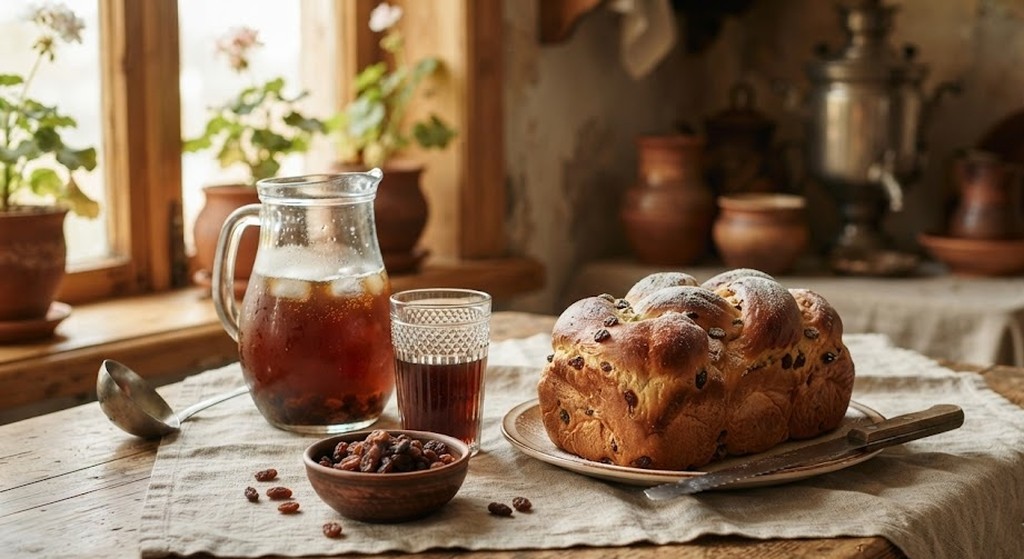 Квас с изюмом и сдобная булка на деревенском столе