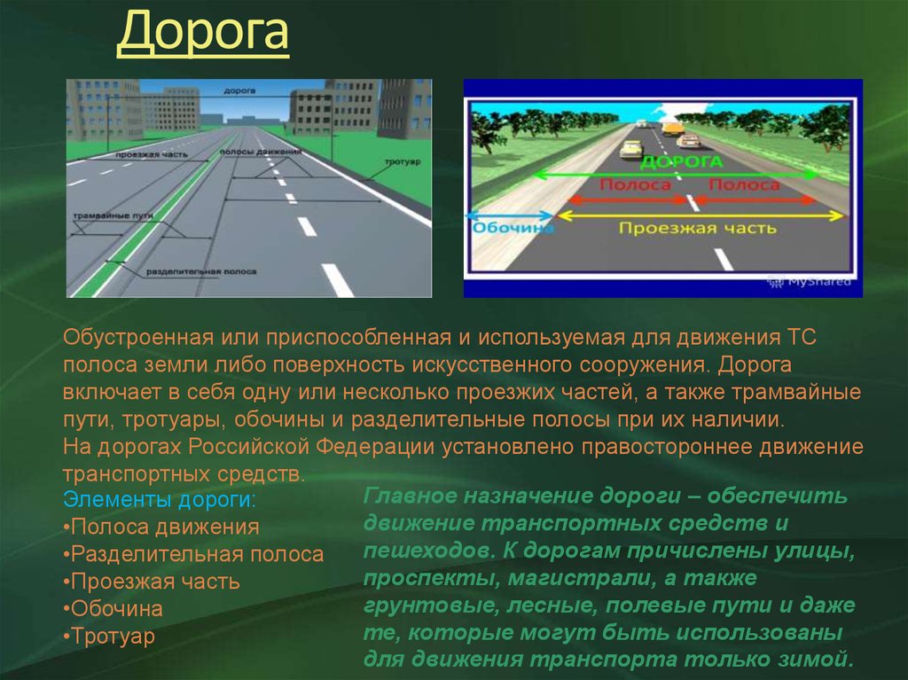 Определение по пдд: проезжая часть, дорога, обочина, разделительная полоса с комментариями и картинками